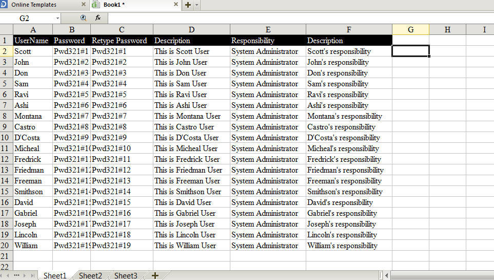 sample data in Excel