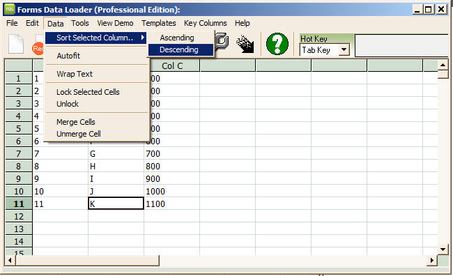 sort menu in dataloader